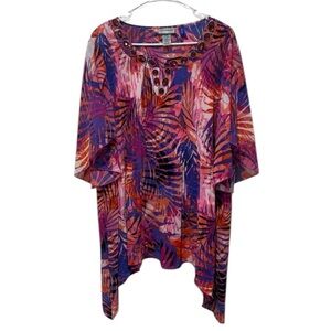 Catherines Crepe Blouse Top Size 2X Petite Sheer Flutter Sleeve Tropical Beaded